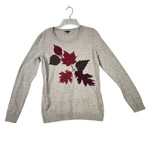 Talbots Petite SP Beige Speckled Fall Leaves Embroidered Cotton Blend Sweater